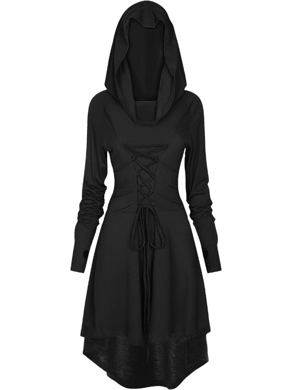 Women's Black Renaissance Hooded Robe Lace-Up Medieval Halloween Costume Dress